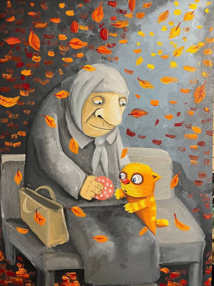 Grandmother - Vasya Lozhkin, Humor, Painting, cat, Grandmother