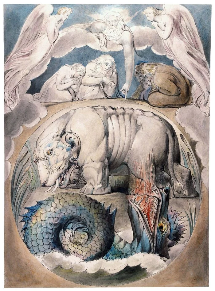 Behemoth and Leviathan - Art, Illustrations, William Blake, Bible, hippopotamus, Leviathan