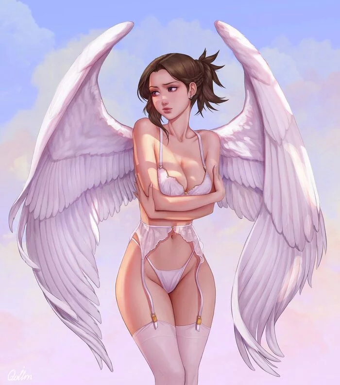 Angel - NSFW, Art, Drawing, Fantasy, Angel, Girls, Erotic, Underwear, Stockings, Boobs, Angel Wings, Original character, Quilm