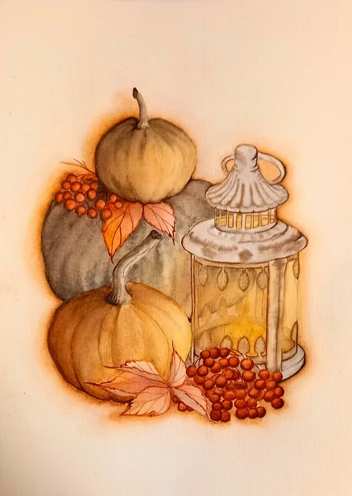 Cozy autumn - My, Autumn, Pumpkin, Halloween pumpkin, Artist, Painting, Watercolor, Watercolor paper