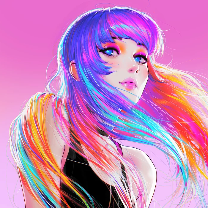 Rainbow - Drawing, Girls, Colorful hair, Ilya Kuvshinov, Art