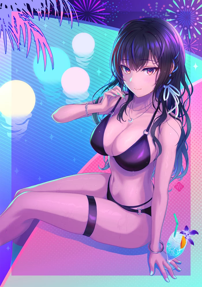 Neon - NSFW, Anime art, Anime, Original character, Girls, Cocktail, Swimming pool