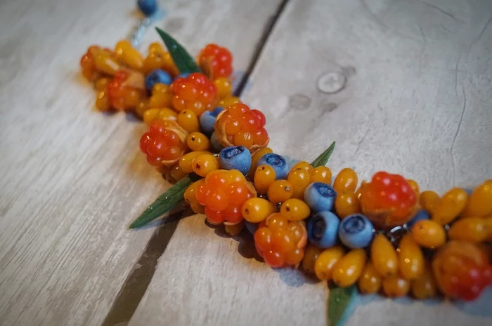 Handmade bracelet made of polymer clay - My, Polymer clay, Лепка, Needlework without process, Cloudberry, Sea buckthorn, Decoration, Women, Girls, beauty, Nature, Creation, Handmade, Berries, Longpost