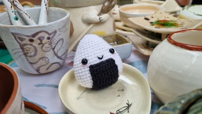 knitted rice - My, Needlework, Needlework without process, Crochet, Knitted toys, Amigurumi, Author's toy, Soft toy, Onigiri, Japan, Longpost