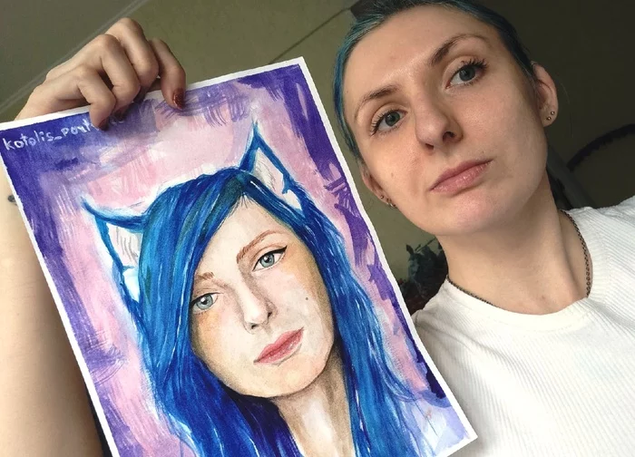 eared portrait - My, Painting, With your own hands, Sketch, Process, Watercolor, Drawing, Portrait, Portrait by photo, Artist, Ears, Eared, Cosplay, Cosplayers, Traditional art, Longpost