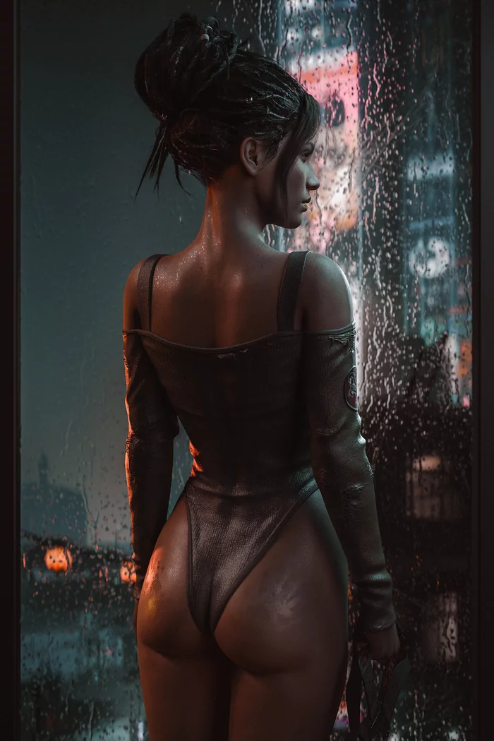 Panam Palmer - NSFW, Erotic, Art, Panam Palmer, Cyberpunk 2077, 3D, Booty, Back view, Window, Rain, Night city