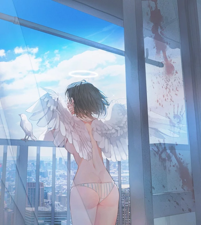 Angel in the Big City - NSFW, Art, Anime art, Original character, Angel, Girls, Hand-drawn erotica, Underwear, Booty, Pantsu, No face, Back view, Angel Wings, Blood, Handprint