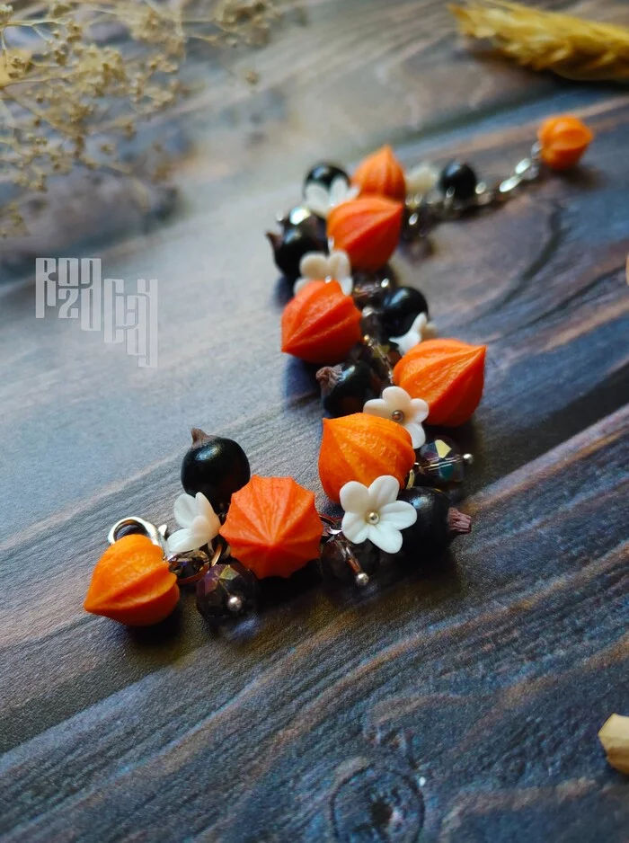 Slim bracelet with physalis - My, Decoration, Polymer clay, A bracelet, Needlework, Needlework without process, Friday tag is mine, Лепка, Physalis, Autumn, Handmade, Accessories, Longpost