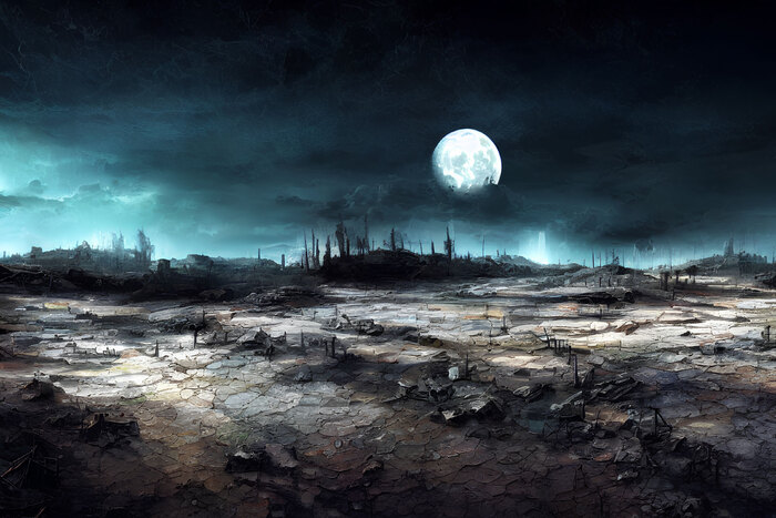 Фото постапокалиптического пейзажа под раздробленной Луной