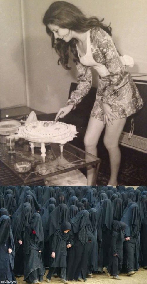 Вот изображение из Ирана, где женщина разрезает свой праздничный торт в 1973 году, за 5 лет до исламской революции Иран, Фанатики, Разница, Женщины, Ложь