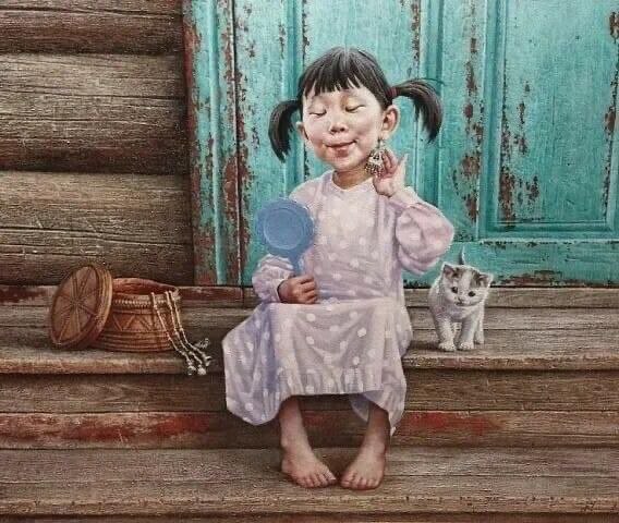 Yakut artist Andrey Chikaev - Artist, Painting, Yakutia, Longpost, Children, Kittens, Birds