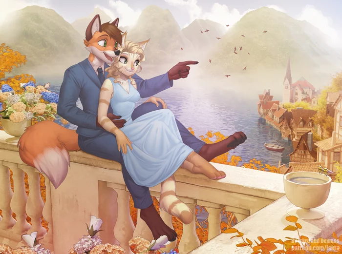 Fairytale city - Furry, Anthro, Art, Furry fox, Furry cat, Iskra, Deymos, Collab