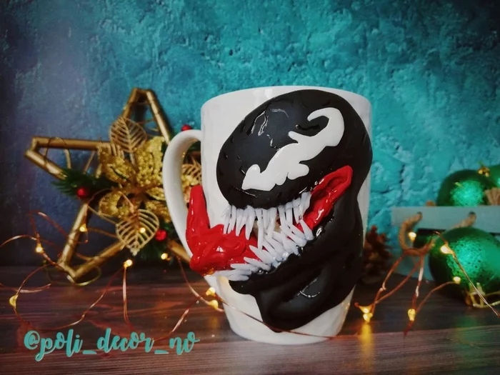 I am we Venom - My, Handmade, Mug with decor, Venom, Marvel, Polymer clay, Spiderman, Longpost