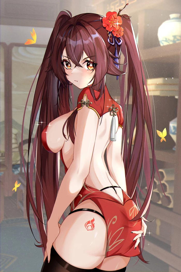 Hu Tao - Anime, Anime art, Genshin impact, Hu Tao, Games, Qipao, Stockings, NSFW