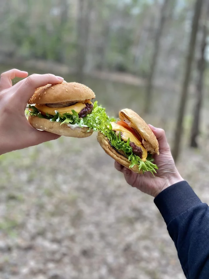 Roadside picnic :) - My, Burger, Picnic, Camping, River, Grill, Weekend, Longpost