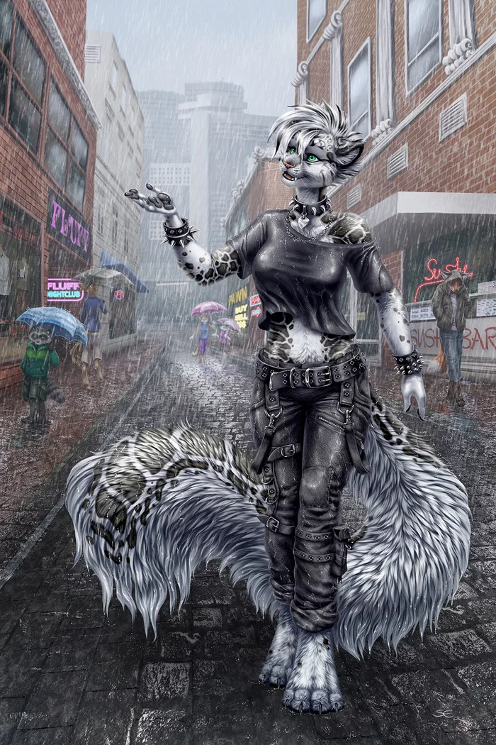 Rainy day - Furry, Anthro, Art, Furry snow leopard, Sabretoothedermine