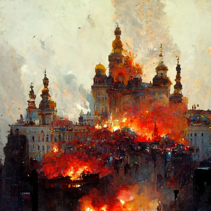 Kiev on fire. Неросеть midjourney - Нейронные сети, Midjourney, Картина, Компьютерная графика, Современное искусство