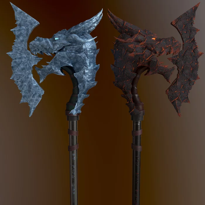 Axes and axes of ice and lava - My, Blender, 3D modeling, Gamedev, Game art, AX, Photoshop, Marmoset Toolbag, Substance painter, Longpost