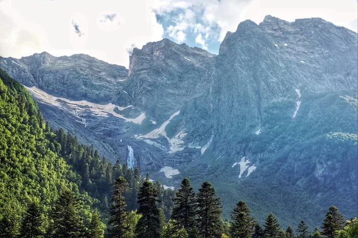 Karachay-Cherkessia. Dombay - My, Nature, The photo, The nature of Russia, Russia, The rocks, Waterfall, The mountains, Caucasus, Dombay, Clouds, Sky, Karachay-Cherkessia, Tourism, Mountain tourism, Travels, beauty, Forest, Gotta go, Travel across Russia, Longpost