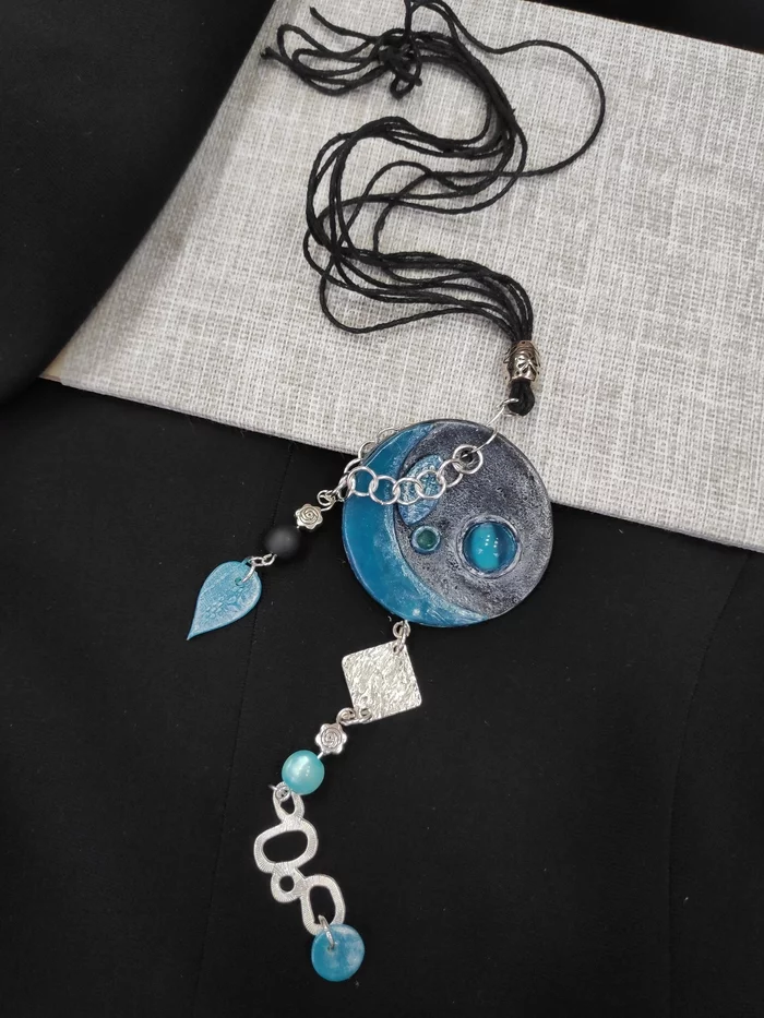 Necklace Moon Azure - My, Needlework without process, Polymer clay, Needlework, Creation, With your own hands, First post, Necklace, Decoration, Longpost, Bijouterie