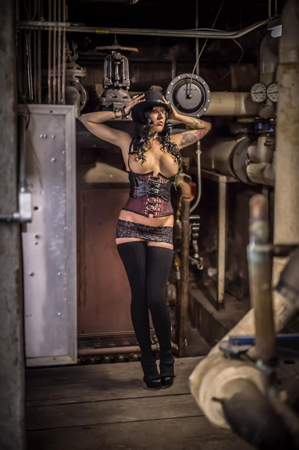 Steampunk - NSFW, Erotic, Girls, Boobs, Girl with tattoo, Corset, Stockings, Manometer, Damper