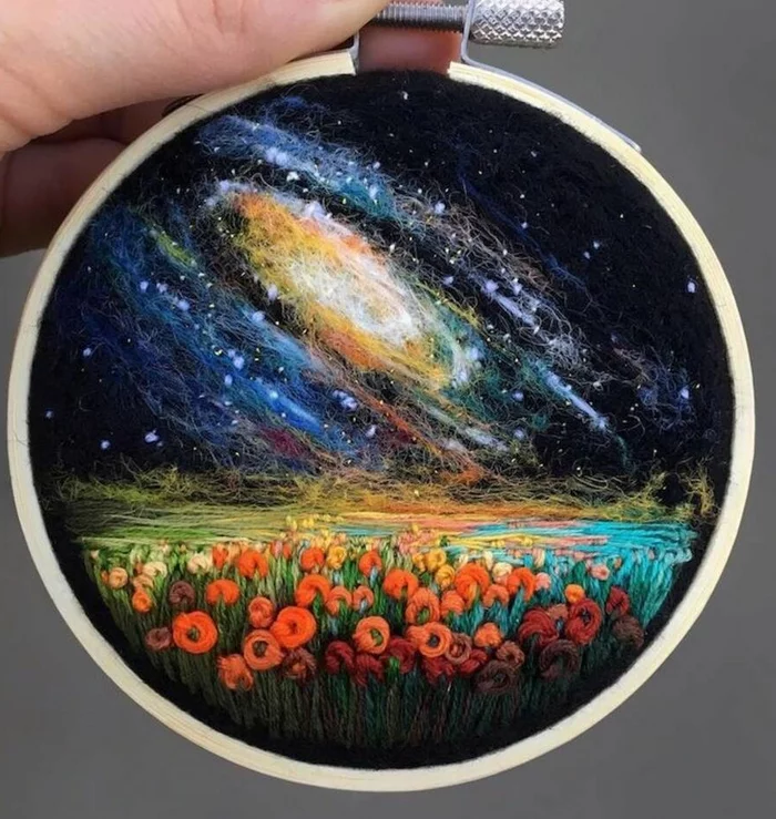 simply space - Needlework without process, Embroidery, French knot, beauty, Satin stitch embroidery, Space, The mountains, Landscape, Galaxy, Stars, Longpost