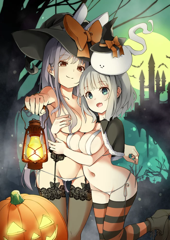 Youmu & Reisen - NSFW, Touhou, Konpaku Youmu, Reisen udongein inaba, Anime, Pegashi, Boobs, Pantsu, Stockings, Halloween, Halloween costume, Hand-drawn erotica, Erotic