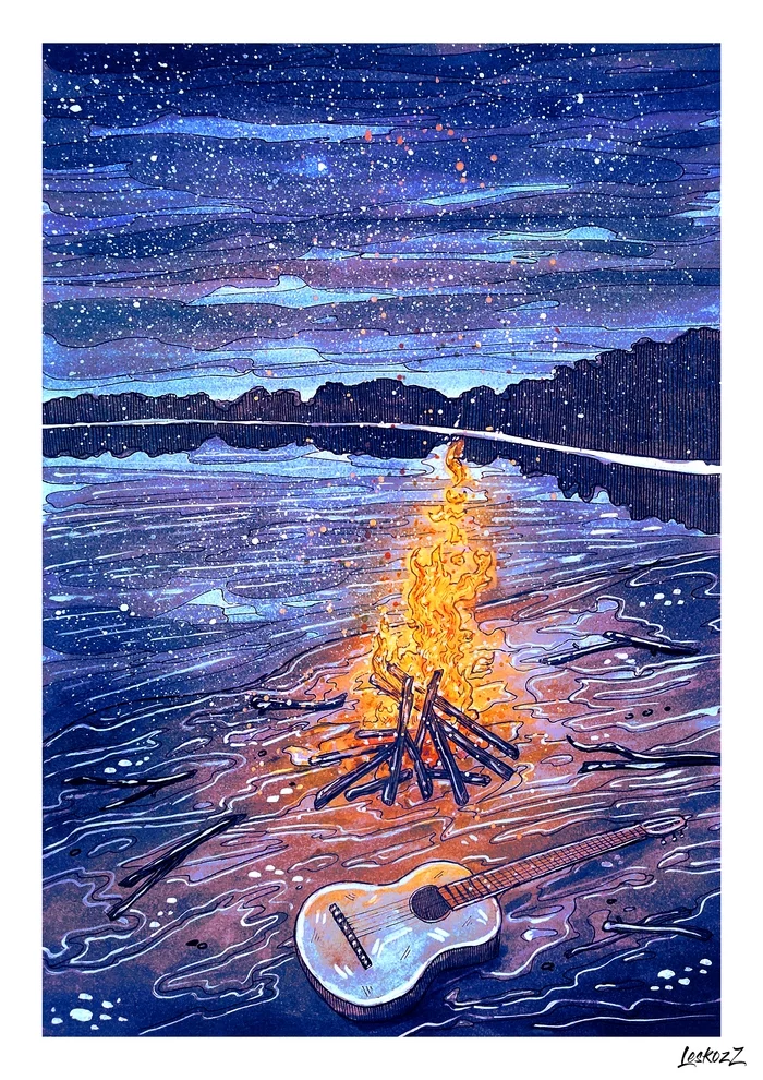 Campfire - My, Illustrations, Painting, Art, Krita, Watercolor, Gouache, Guitar