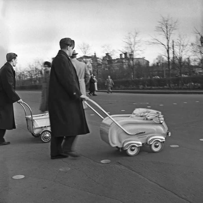 Young fathers on a walk. 1962 year - Moscow, The photo, Black and white photo