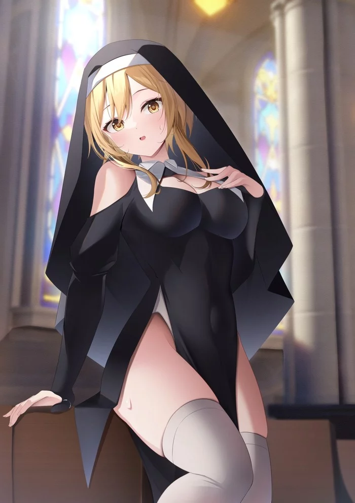 Nun Lumine - Anime, Anime art, Genshin impact, Lumine, Games, Nun, Stockings