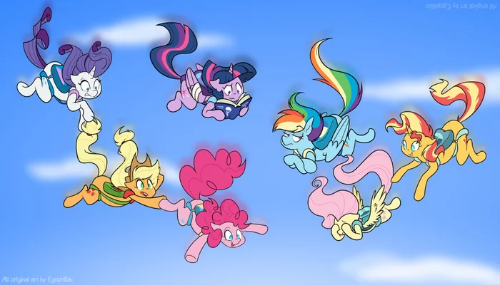 Прыжки с парашютом - My Little Pony, Twilight sparkle, Fluttershy, Pinkie Pie, Applejack, Rarity, Sunset Shimmer