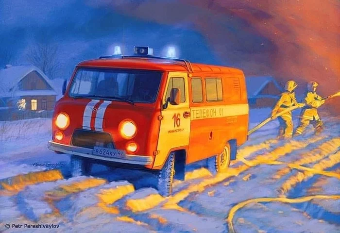 Fire in the village - Art, Firefighters, Fire, Village, UAZ loaf, Auto