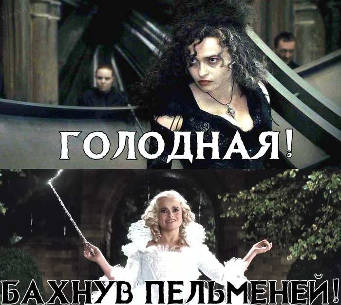 Hungry vs. Bakhnuv dumplings! - My, Humor, Picture with text, Movies, Harry Potter, Memes, Helena Bonham Carter, fairy godmother, Bellatrix Lestrange