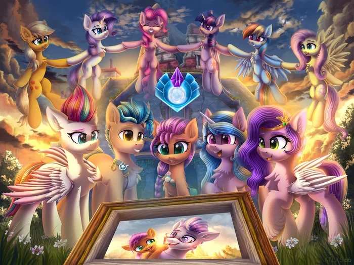 Поняхи прошлого и будущего - My Little Pony, Rainbow Dash, Fluttershy, Twilight sparkle, Applejack, Rarity, Sunny Starscout, Izzy Moonbow, Zipp Storm, Pipp Petals, Hitch Trailblazer, PonyArt, Арт, Atlas-66