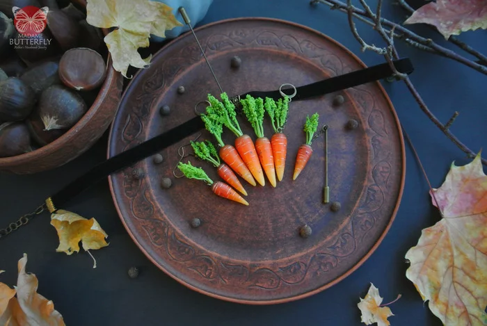 Pumpkins have been harvested, but haven't they forgotten about the carrots? - My, Handmade, Needlework, Decoration, Creation, Brooch, Pendant, Choker, Polymer clay, Accessories, Jewelry, Лепка, Presents, New Year, Rabbit, Carrot, Longpost, Needlework without process