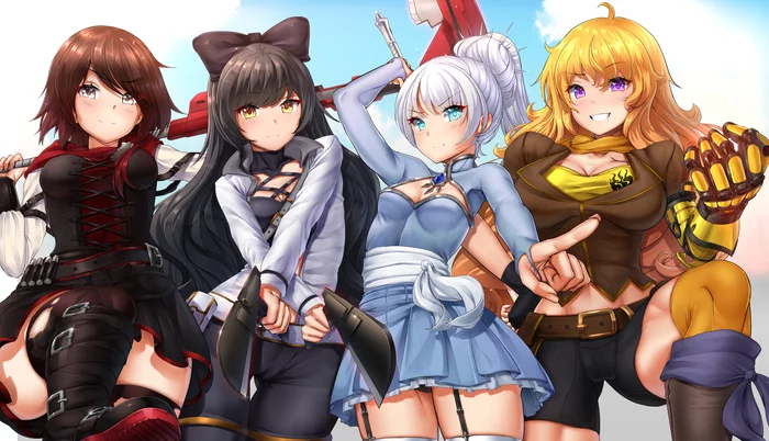 Team - RWBY, Anime art, Anime, Art, Drawing, Team, Ruby rose, Weiss schnee, Yang xiao long