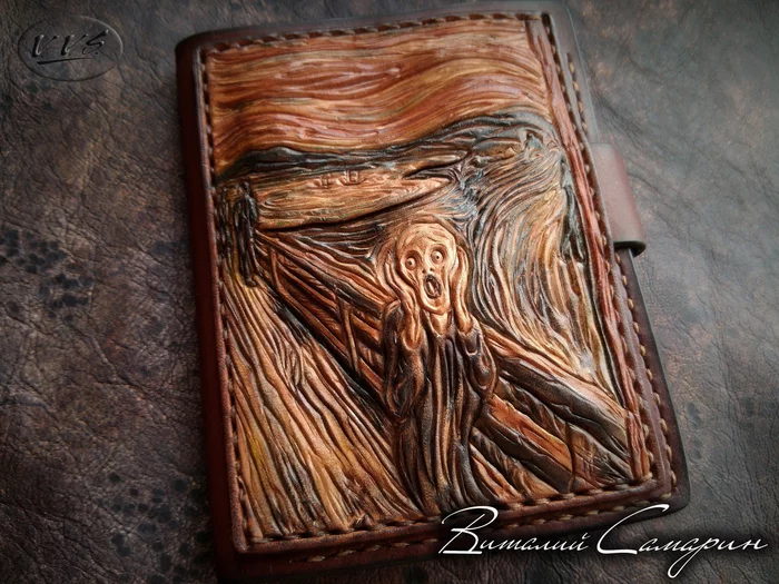 Document cover Creek / Munch - My, Longpost, Handmade, Needlework without process, Wallet, Wallet, Purse, Clutch, Style, Exclusive, Leather products, Natural leather, Cover, Scream, Edvard Munch