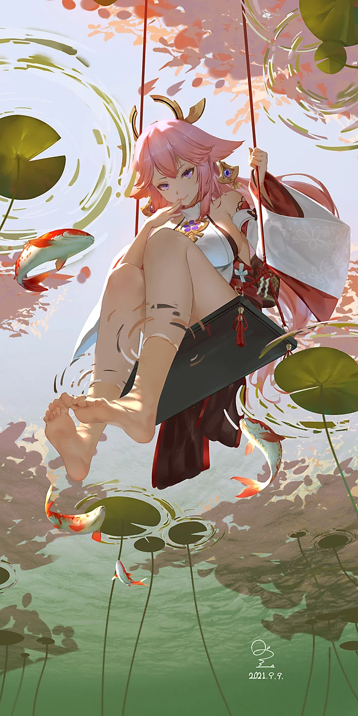 Swing over the pond - Genshin impact, Yae miko, Legs, Carp, Anime, Anime art, Swing, Pond