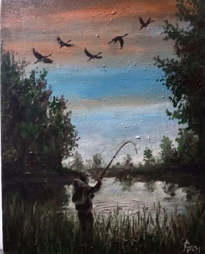 ...no title... 2022 - My, dawn, Fishing, Painting, Birds, Fishermen, Nature, Oil painting
