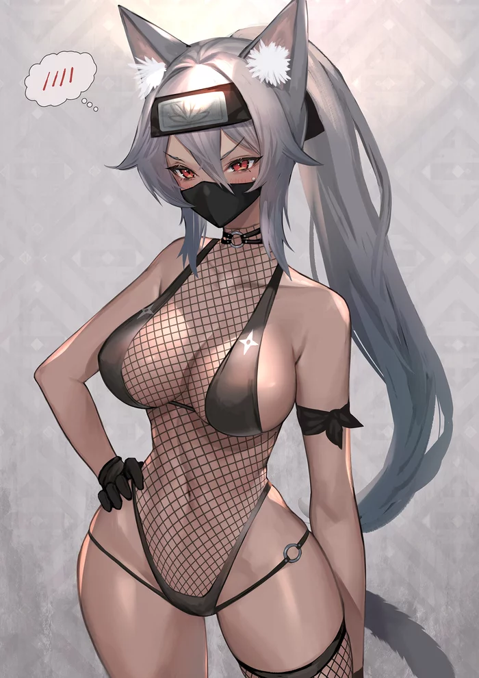 Hot neko shinobi - NSFW, Anime, Anime art, Original character, Neko, Animal ears, Boobs, Hand-drawn erotica, Erotic, Longpost, Hitowa