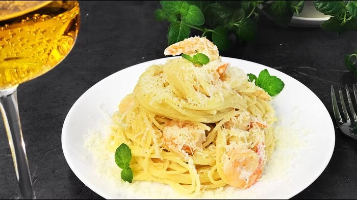 Spaghetti with Shrimps in Creamy Sauce - My, Preparation, Video recipe, Recipe, Cooking, Spaghetti, Pasta, Video, Youtube