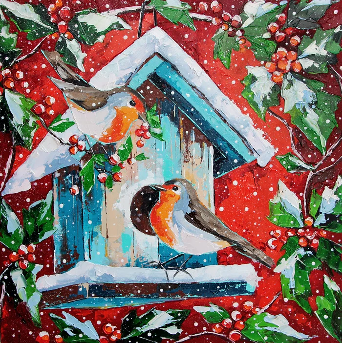 Christmas birds. Oil on canvas on hardboard 30 x 30 cm - My, Art, Artist, Painting, Painting, Animalistics, Birds, Christmas, Longpost, Robin, Needlework without process