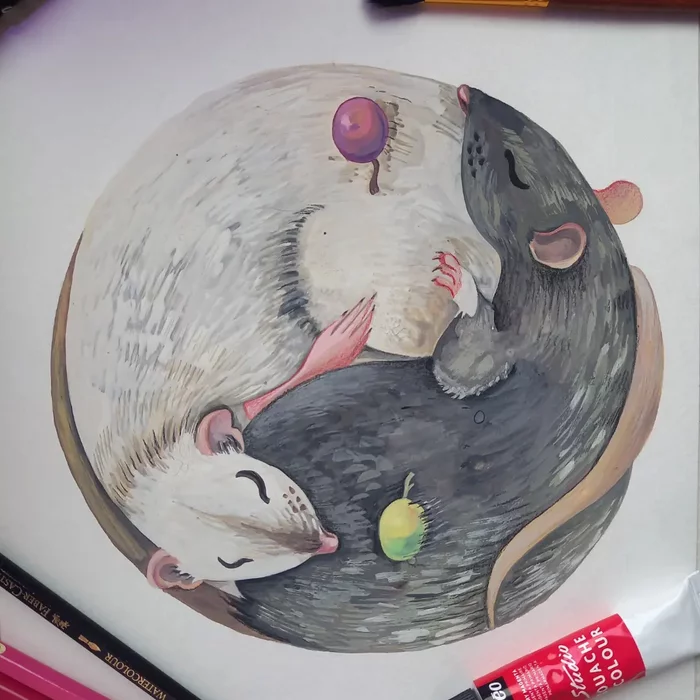 Yin Yang - My, Rat, Gouache, Illustrations, Friday tag is mine, Longpost