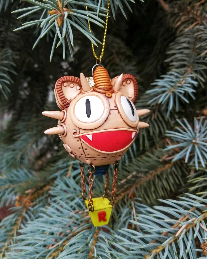 Balloon Jessie and James, Christmas toy - My, Polymer clay, Needlework without process, Лепка, Handmade, Pokemon, Steampunk, Meowth, Balloon, Christmas decorations, New Year, Longpost