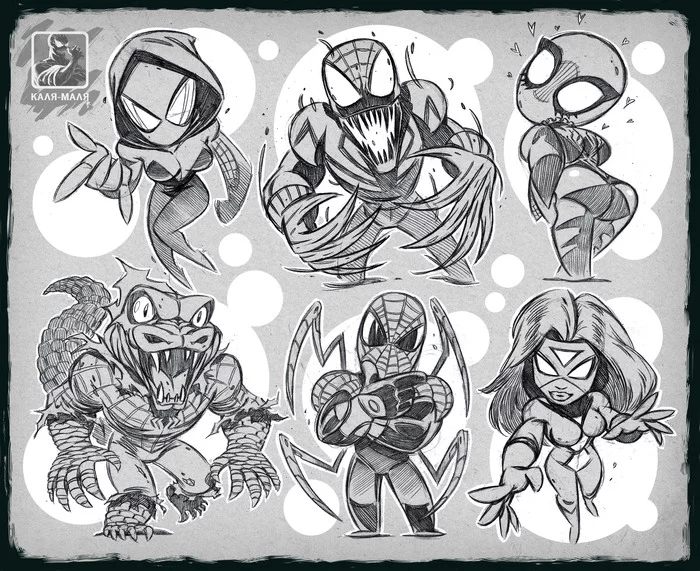 Chibiki 3 - My, Images, Drawing, Marvel, Superheroes, Spiderman, Black Widow, Carnage, Gambit (X-Men), Longpost