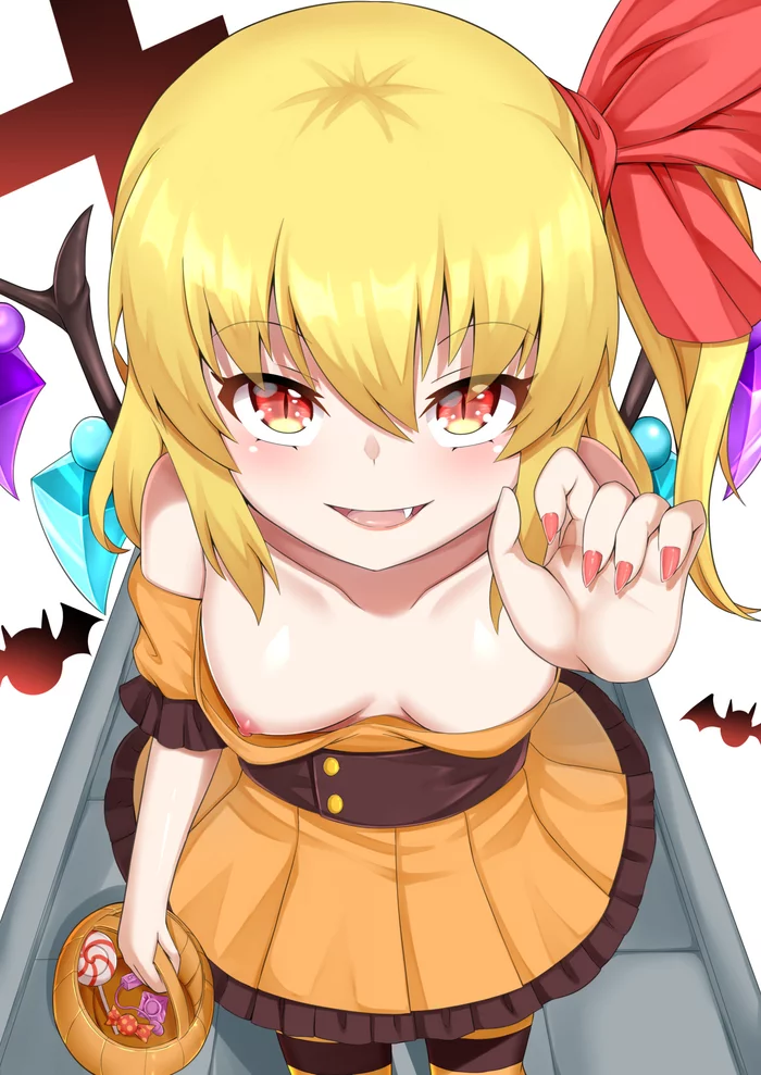 Можно конфетку? - NSFW, Touhou, Flandre Scarlet, Аниме, Anime Art, Сиськи, Костюм на Хэллоуин, Рисованная эротика, Эротика, Akasaka sato