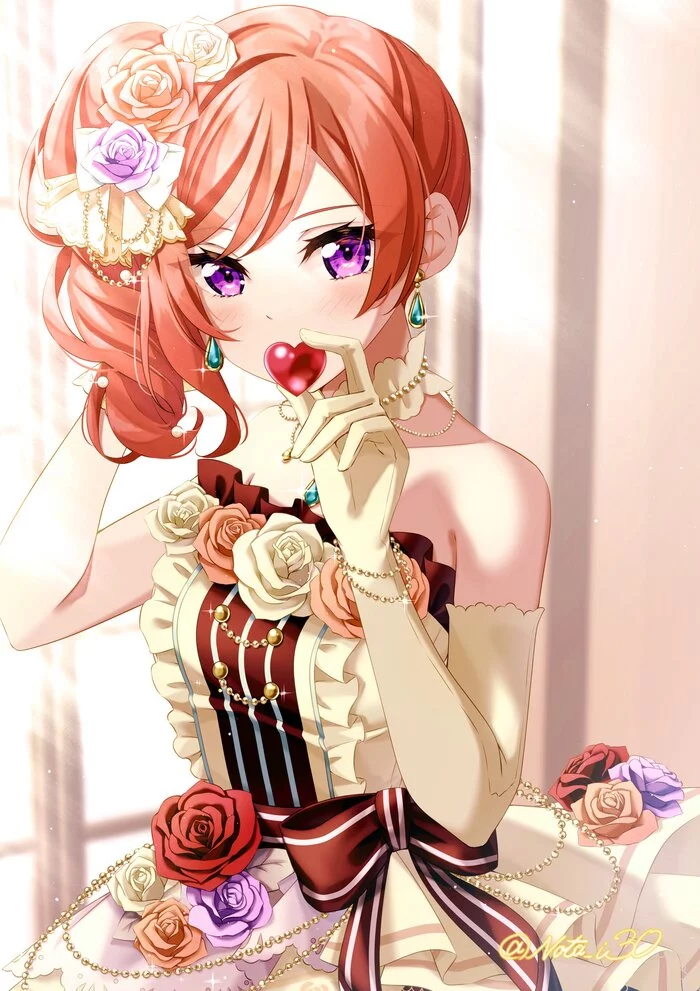 Maki - Anime, Anime art, Girls, Drawing, Pixiv, Nishikino maki, Flowers, Redheads, Evening Dress, Candy, Choker