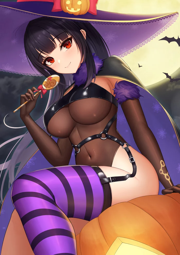 Witch - NSFW, Anime, Anime art, Original character, Halloween, Witches, Boobs, Stockings, Hand-drawn erotica, Erotic