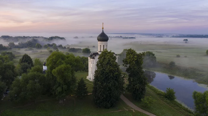 Foggy morning. Church of the Intercession on the Nerl - My, Aerial photography, Quadcopter, Drone, Morning, The photo, dawn, Fog, Church, Nature, Video, Longpost, Repeat