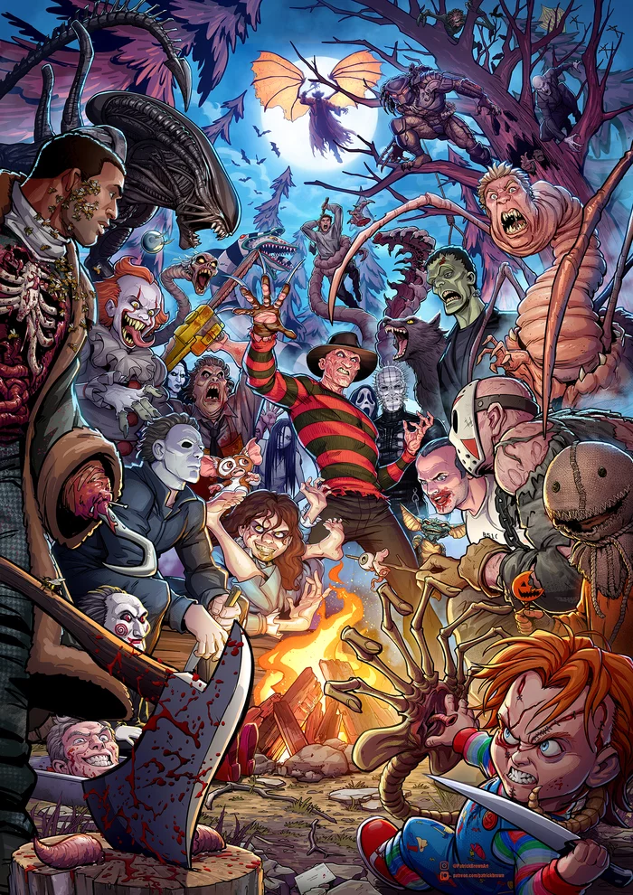 Everyone is here - Shining stephen king, Labyrinth of the Faun, Exorcist, Predator (film), Beetlejuice, Jeepers Creepers, Candyman, Gremlins, Hannibal, Rising from Hell, Scream, Friday the 13th, It, Halloween, Movies, Horror, Stranger, Freddy Krueger, Art